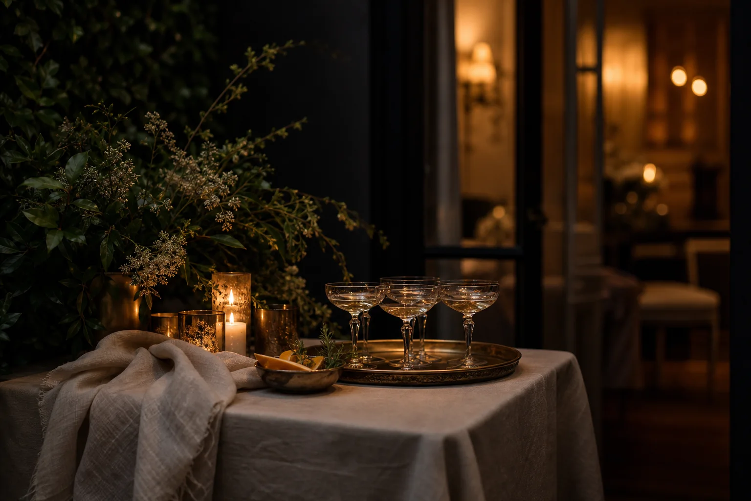 Candlelit arrival table with botanicals, linen, and coupe glasses.