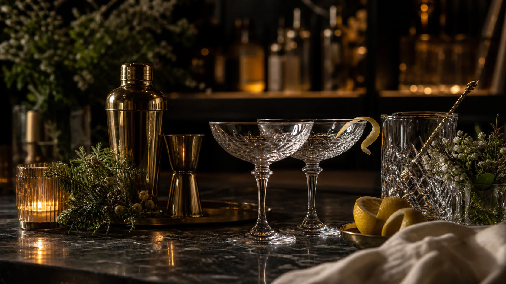 Polished bar detail with brass tools, coupe glasses, citrus, and greenery.