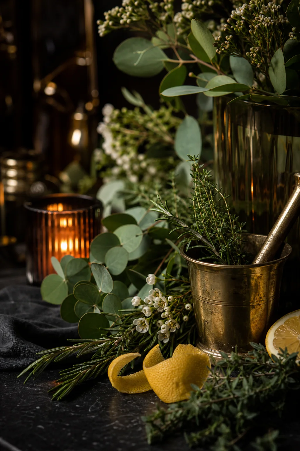 Close botanical arrangement with herbs, greenery, brass, and candlelight.