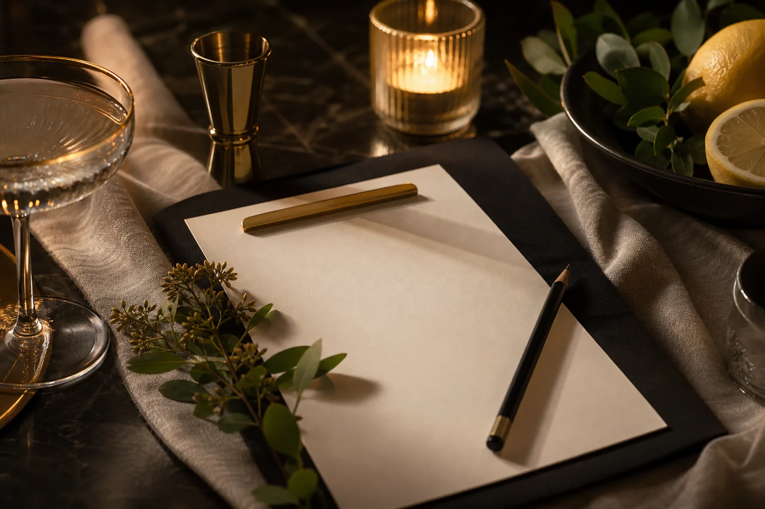 Blank menu card with linen, pencil, brass clip, candlelight, and botanical sprig.
