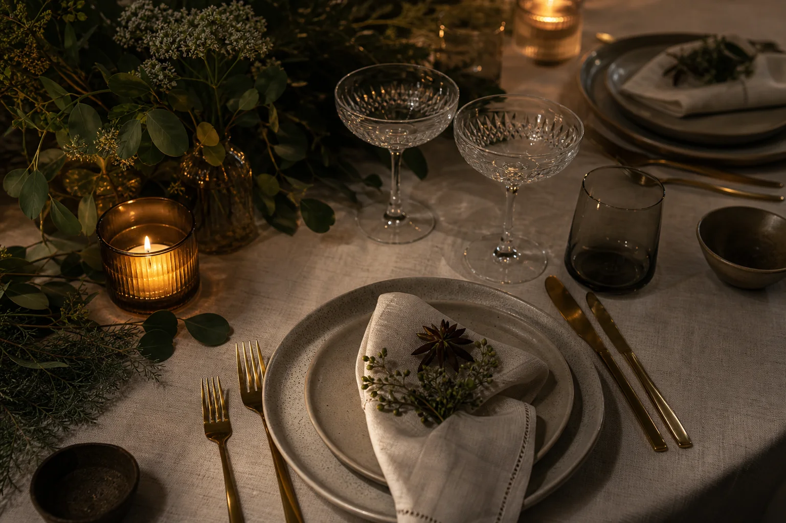 Private dinner table with ivory linen, candles, glassware, and botanical stems.