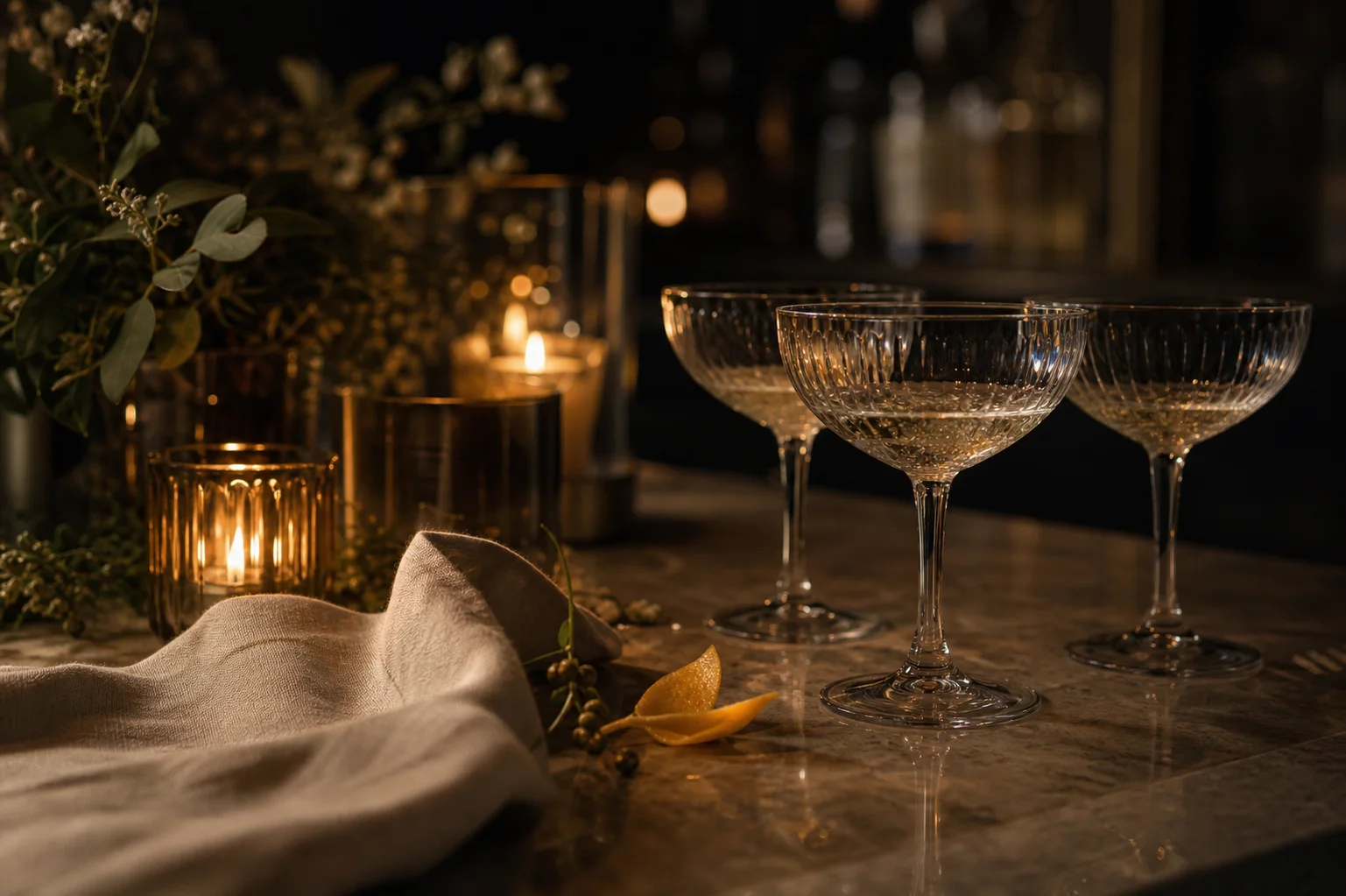 End-of-evening coupe glasses with candlelight, linen, citrus, and greenery.